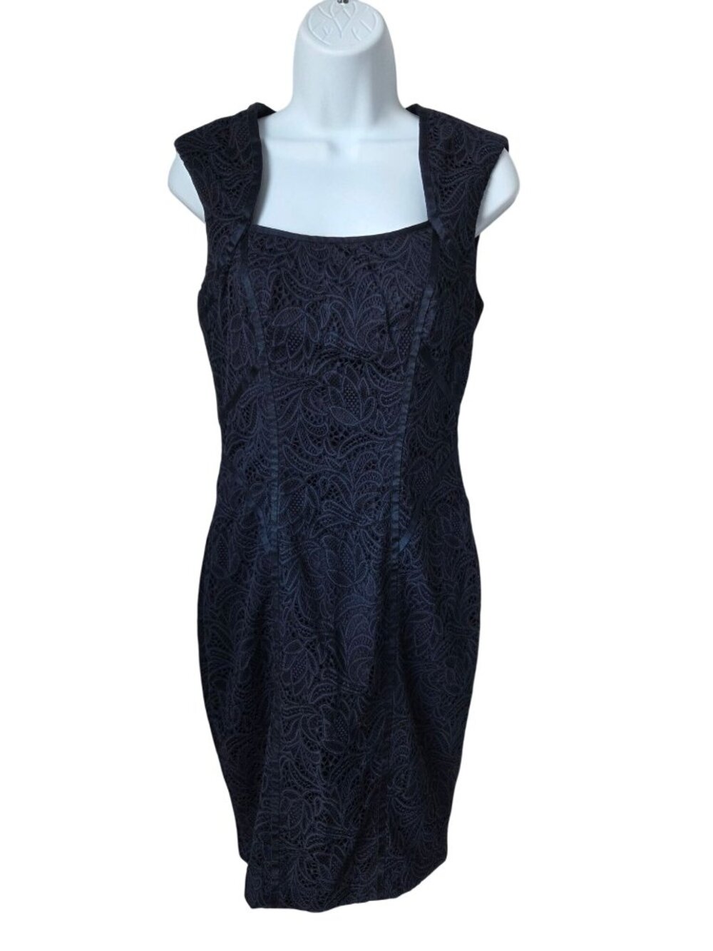 Cache Navy Lace Sheath Dress With Open Back Size 4
